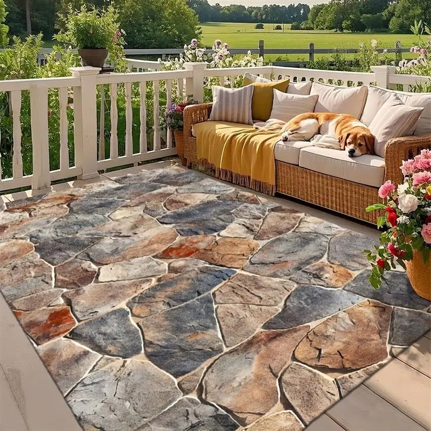 Velvet low-pile material, retro stone-look outdoor rug, lightweight printed patio mat, water-absorbent fabric, suitable for indoor living rooms, bedrooms, entryways, gardens, and patios for home decor