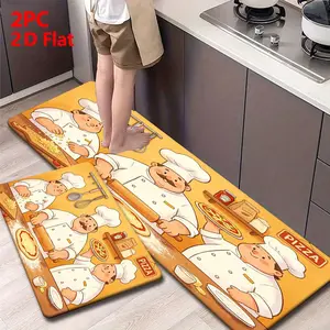 2/3pcs Flannel Kitchen Mat Set, Warm Cartoon Chef Pizza Design, Non-Slip, Absorbent, Ideal for Bathroom, Laundry Room, Hallway