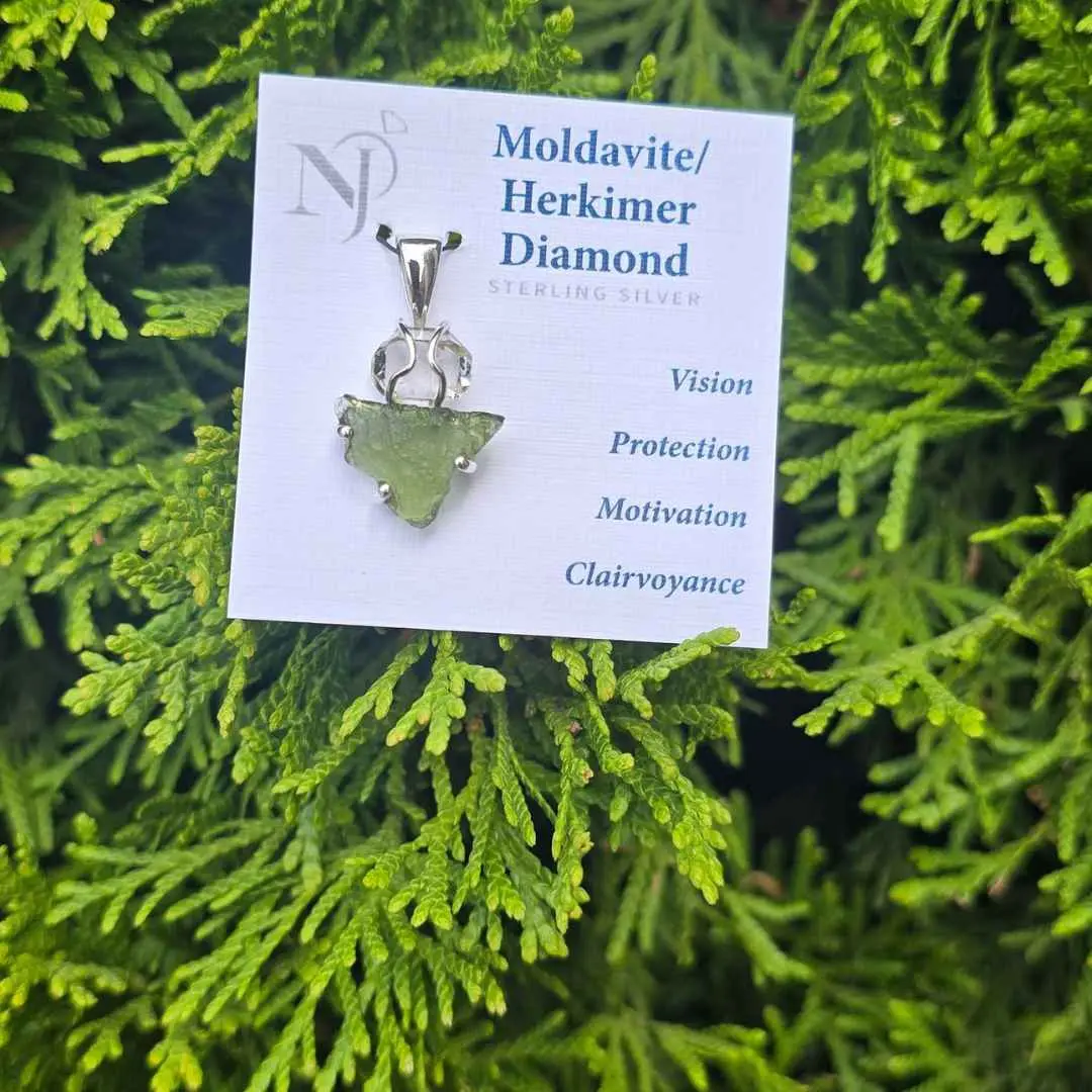 Moldavite Herkimer Diamond Raw Sterling Silver Pendant, Energy Healing Spiritual Transformation Necklace, Energy Necklace, Healing Necklace