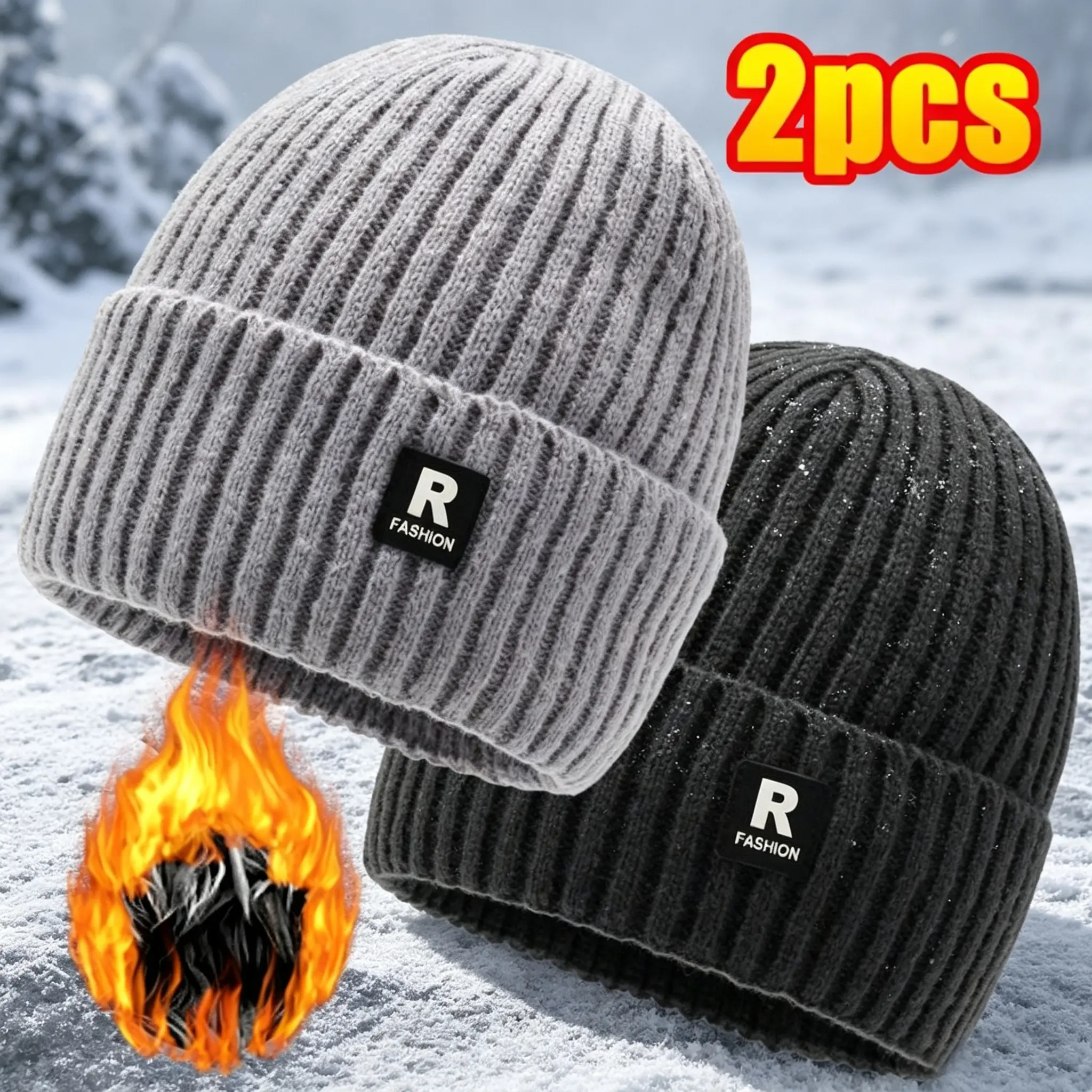 2 Pieces Men's Winter Fashion Fleece-Lined Thick Knitted Hat Outdoor Cycling Cold-Proof Large Head Circumference Knitted Hat Ski Hat
