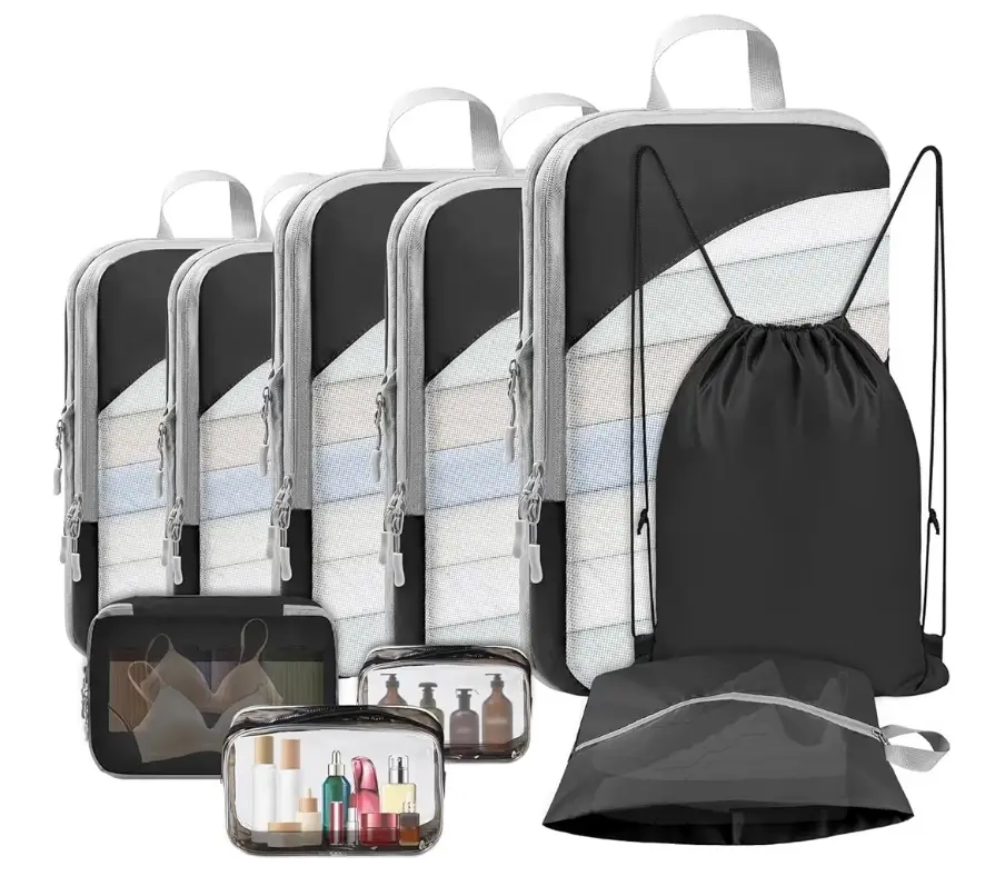 10-Piece Black Compression Packing Cubes Set, Lightweight Multifunctional Compartmentalized Travel Organizers, Stretchable Expandable Storage Bags for Casual, On-the-Go Luggage Accessories, Casual Travel Organizers