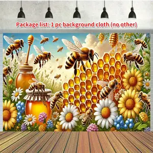 1pc Bee & Honey Bee Garden Party Backdrop with Honeycomb & Bees - Vibrant Spring Colors Polyester Fabric Wall Hanging Decorations for Easter, Summer, Spring, Ramadan, Birthdays, Weddings, Photo Booths Banners White