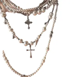 Elegant and Exquisite Multi-layered Pearl Cross Rivet Layered Long Necklace for Women with a Stylish Design