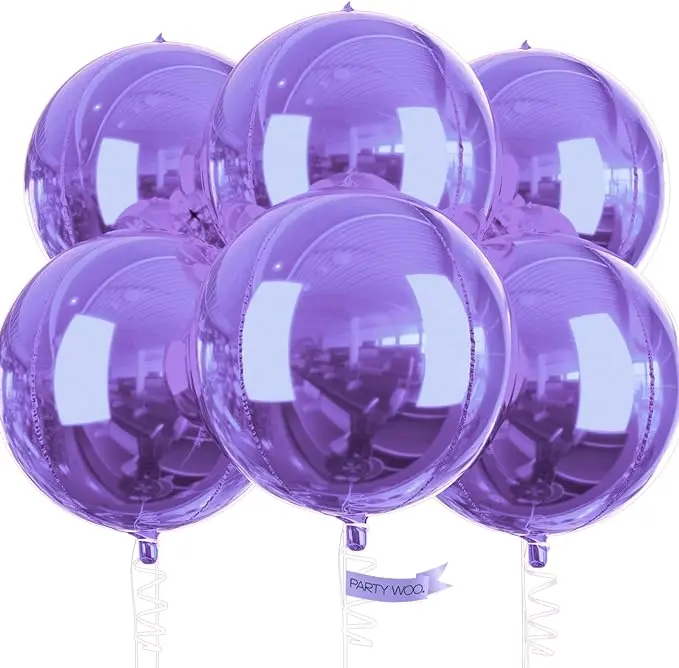 PartyWoo Metallic Purple Foil Balloons 6pcs 22 Inch Large Round Foil Big Giant 4D Jumbo Inflatable Mirror Ball Mylar Balloons for Halloween Girl Princess Birthday Baby Shower Party Decorations, Decorative Balloons Balloons, Birthday Theme Balloons