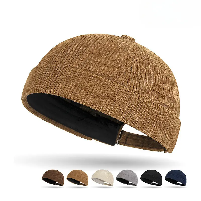 Unisex Solid Color Adjustable Corduroy Brimless Dome Hat - Lightweight Warm Hats for Casual Winter Wear, Brimless Hat