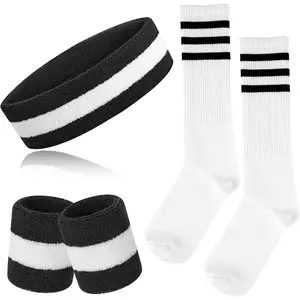 5 count Sweatbands Striped Socks Set  Headband Wristbands High Tube Socks 80s Accessories Costumes