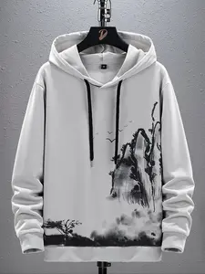 Men's Landscape Print Drop Shoulder Hoodie, Fashion Casual Regular Fit Drawstring Hooded Sweatshirt for Daily Holiday Outdoor Wear, Men Clothes for Spring & Fall