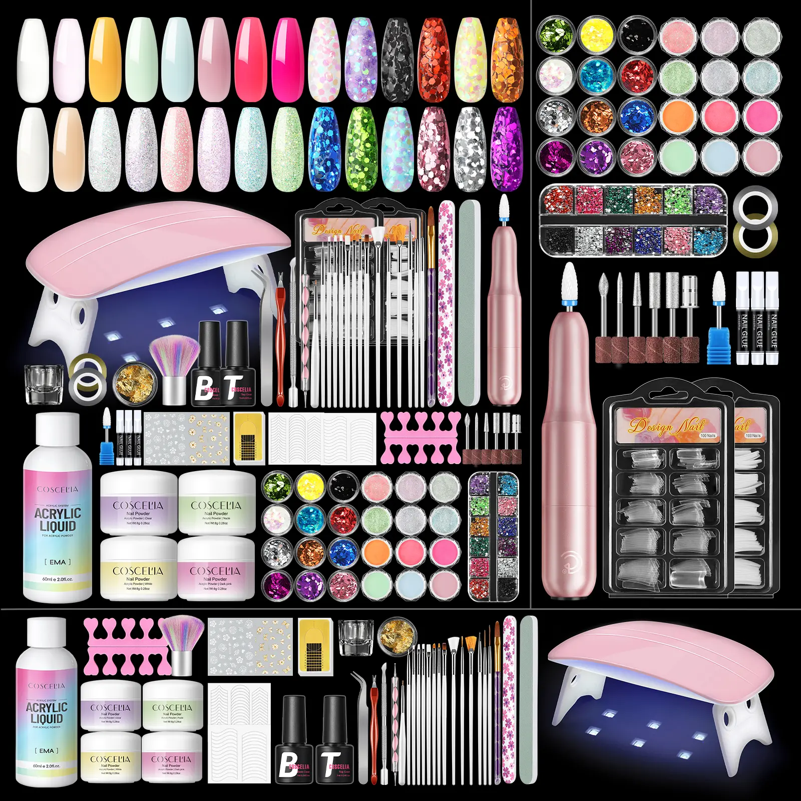 COSCELIA Complete Acrylic Nail Kit With Mini Nail Lamp Electric Nail Drill  Clear Nude White Dark Pink Acrylic Powder 60ML Acrylic Liquid Base and Top Coat Manicure Tools For Beginners