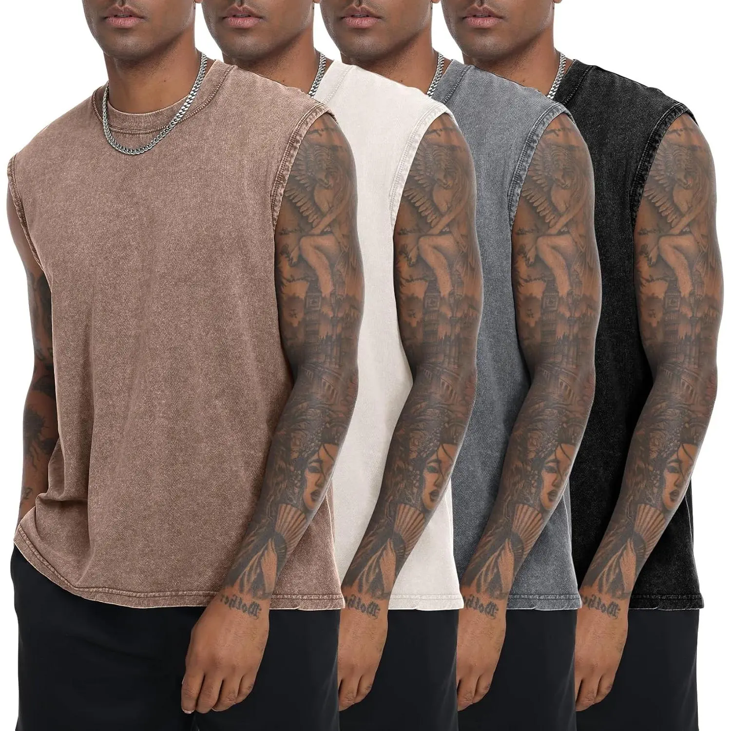 Men’s 4-Pack Acid Wash Cotton Sleeveless Round Neck T-Shirts, Gym Workout Tops, Vintage Casual Streetwear Muscle Tops