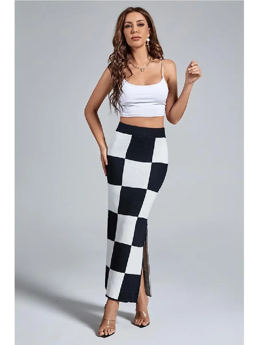 Lady's Contrast Color High-Waist Chic Skirt, Spandex Fabric Women's Bottom, Elegant Womenswear