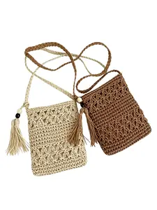 Hollow Out Woven Straw Crossbody Bag for Women, Drawstring Tassel Vertical Square Shoulder Bag, Natural Handwoven Lined Casual Purse for Summer Beach Vacation Travel
