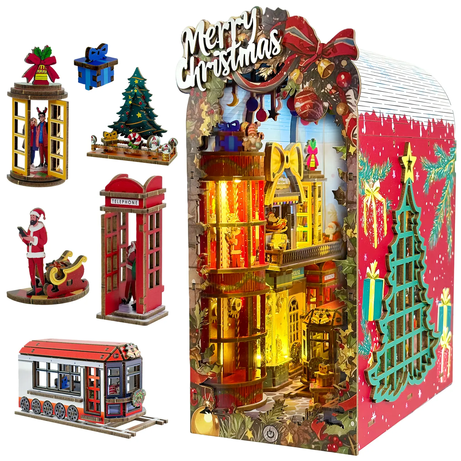 Christmas Book Nook Kit – DIY Miniature House Dollhouse Kit for Adults & Teens, 3D Wooden Puzzle Tiny House Bookshelf Decor, Christmas Gifts for Family and Friends