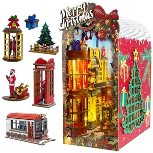 Christmas Book Nook Kit – DIY Miniature House Dollhouse Kit for Adults & Teens, 3D Wooden Puzzle Tiny House Bookshelf Decor, Christmas Gifts for Family and Friends