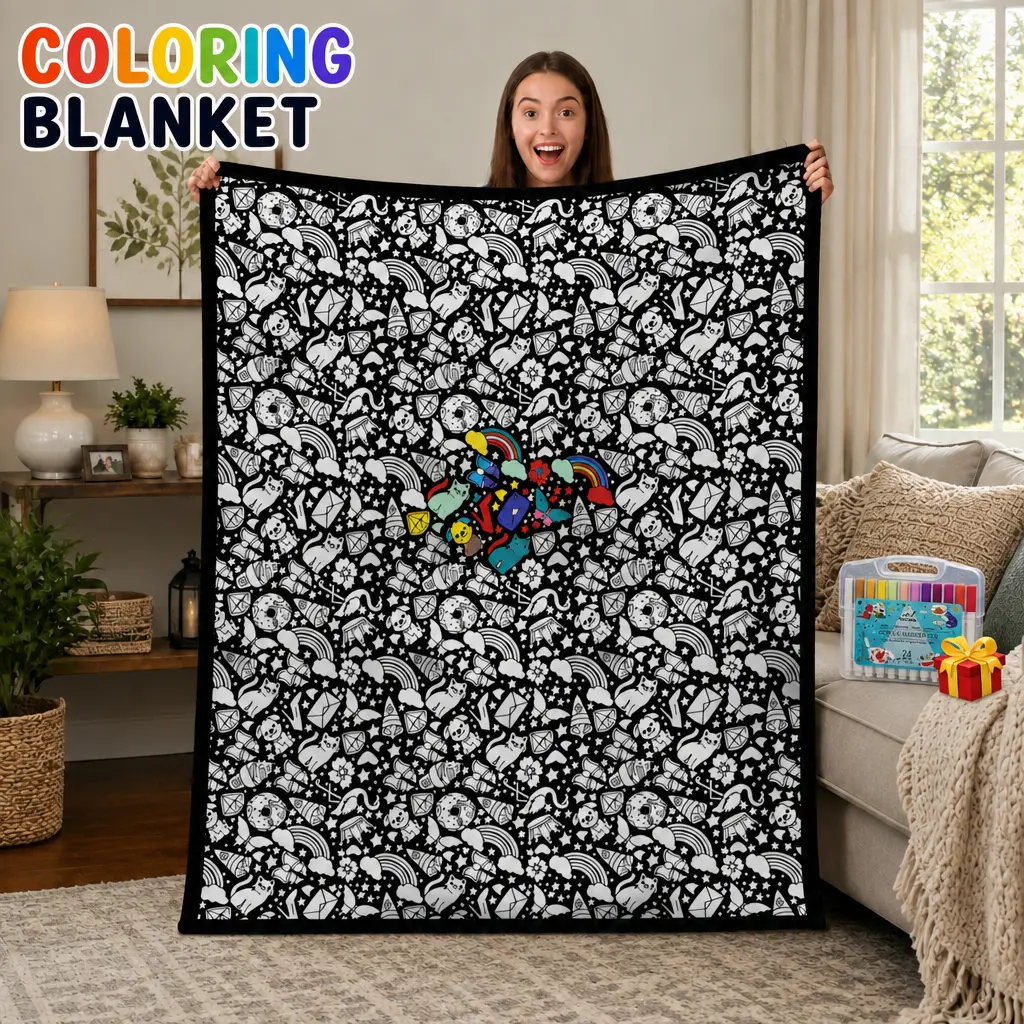 DIY Coloring Blanket with 24 Markers,Color Your Own Blankets, Customizable Diys Colorings Blanket Kits, You Can Color Fuzzy Velvet, Creative Diys Colorings Blankets for Adults (Black),Seasonal Decorations, Birthday Arts and Gifts,Summervibes