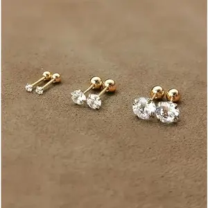 18K Gold-Plated Stainless Steel Earrings Set of 3 Pairs Simple Round Design with Cubic Zirconia Inlay for Minimalist Fashion Elegant and Versatile Jewelry