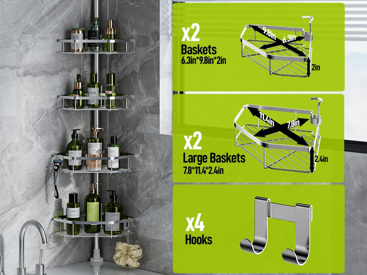 YECAYE 4 Tier Adjustable Corner Shower Caddy, Stainless Steel Rustproof Bathroom Organizer, No-Drill Tension Pole, Heavy-Duty Shelves & Hooks, Stainless Steel Corner Shower Caddy Tension Pole for Shampoo, Loofah, Bathtub Shampoo Storage