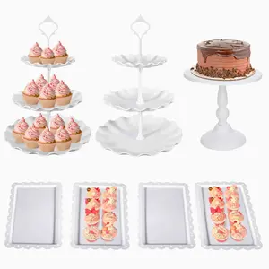 7 Pcs Cake Stand, White Cake Stand for Party Cookie Tray Rack, White Plastic Dessert Table Stand Set 2 Counts 3 Tier Plastic Cupcake Stands,  Serving Tray Display Tower and 4 Pcs Dessert Tray, for Wedding Afternoon Tea, Party, Baby Annual Shower