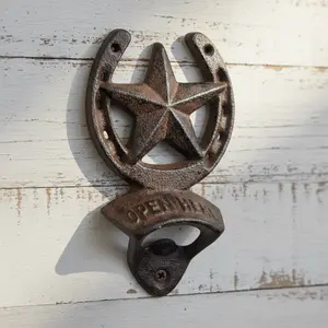 Star Horseshoe Wall Mount Bottle Opener, Cast Iron Bar Tool