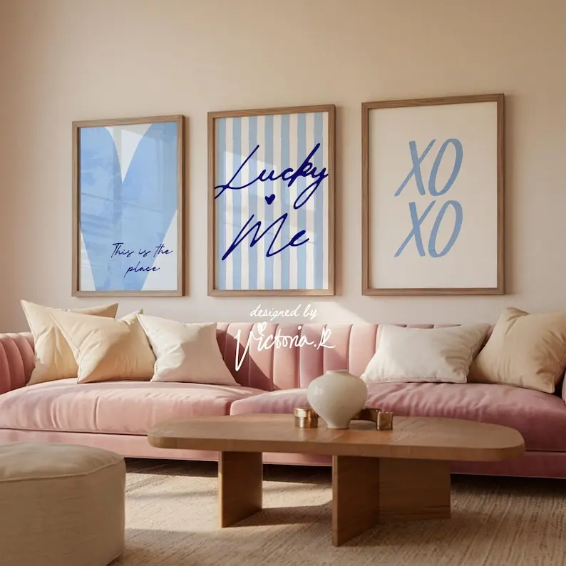 Navy Lucky Me Pin Stripe Set of 3 Prints Wall Art Heart Luck you Poster Dorm Aesthetic Preppy Coquette Art Digital Download Set