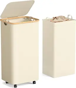 100L Large Capacity Laundry Hamper  Foldable Rolling Laundry Basket, Mobile Clothes Hamper with Wheels, Removable Inner Bag,  Handle Lid Laundry Bin  Multi-Use Storage,Beige
