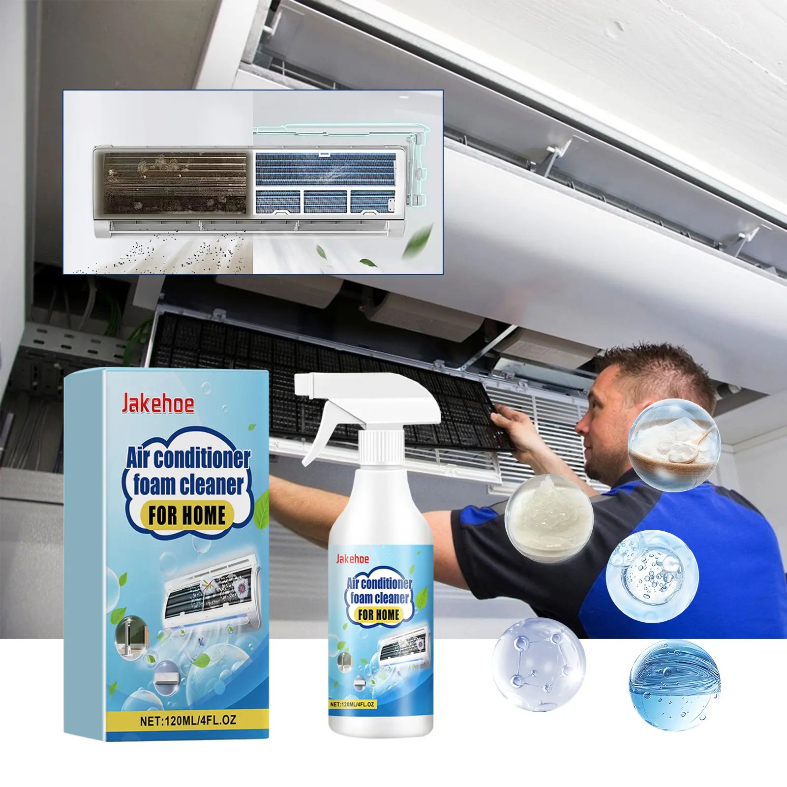 Jakehoe Air Conditioner Foam Cleaner with Foam Sprayer - Stain Remover, Deep Penetration, Disodium EDTA for Home Inside/Outside Unit Purification, Decontamination, Odor Removal