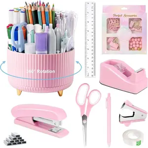 Pink Desk Accessories, Pink Office Supplies 360° Pen Holder Desk Organizers and Accessories With Tape Dispenser, Stapler, Staple Remover, 1000 Staples, Tape, Clips Set, Ruler, Scissor, Pen