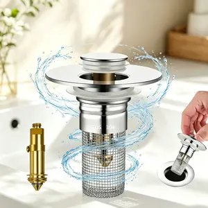 Universal Pop-Up Bathroom Sink Drain Stopper with Detachable Stainless Steel Filter Basket and Hair Catcher Strainer
