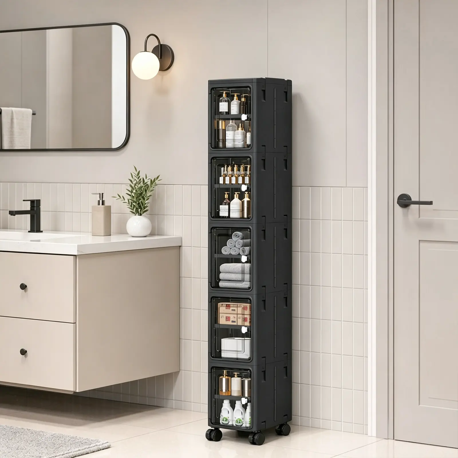 Kitchen Cutlery & Tableware Storage Cabinet - Slim Narrow Plastic Rolling Organizer, Compact Tall Space-Saver Small-Space Hero Unit with Adjustable Shelves for Bath-Kitchen Bathroom Organizing