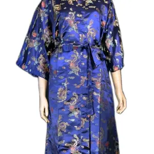 Elegant Dragon Design Silk Satin Kimono Robe Sleepwear Long, Navy (No Tie)