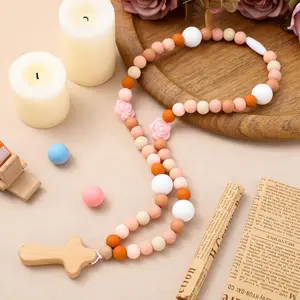 Baby Rosary Baptism Gift Silicone God Bless Kids First Rosary with Cross 1st Year Baptism Party Supply for Baby Shower Christian Communion Gifts (Pink,Flowers)
