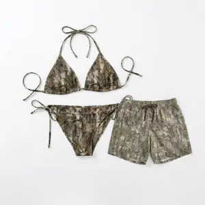 Real Tree Camo Couples Swimsuit Set – Women's String Bikini & Men's Matching Swim Trunks, Lake Trip, Beach Vacation, Camping & Country Lifestyle Swimwear