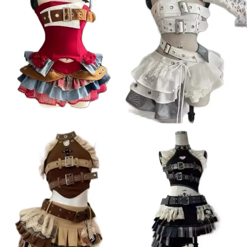 Women's Ruffle Two Piece Skirt Set - Red, Brown, and Blue Color Block Design with Fluffy Detail, Ideal for Womenswear Clothes