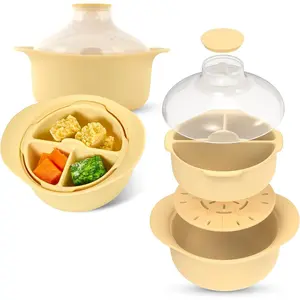 48oz Platinum Silicone 3 Compartmented Microwave Steamer Pot with Handle & Lid, Korean 100% Food-Grade Heat-Resistant Steamer Bowl with Steam Holes, Easy Clean, Dishwasher Safe, Yellow