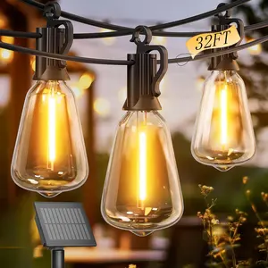 32FT Solar Outdoor Lights,, LED Lights with IP65, Shatterproof ST38 Replaceable Bulbs, Dimmable, Hanging for Backyard, Garden, Pergola, Party, Deck | Solar/USB Charging, led lights for bedroom, lamps for bedroom, led light strips