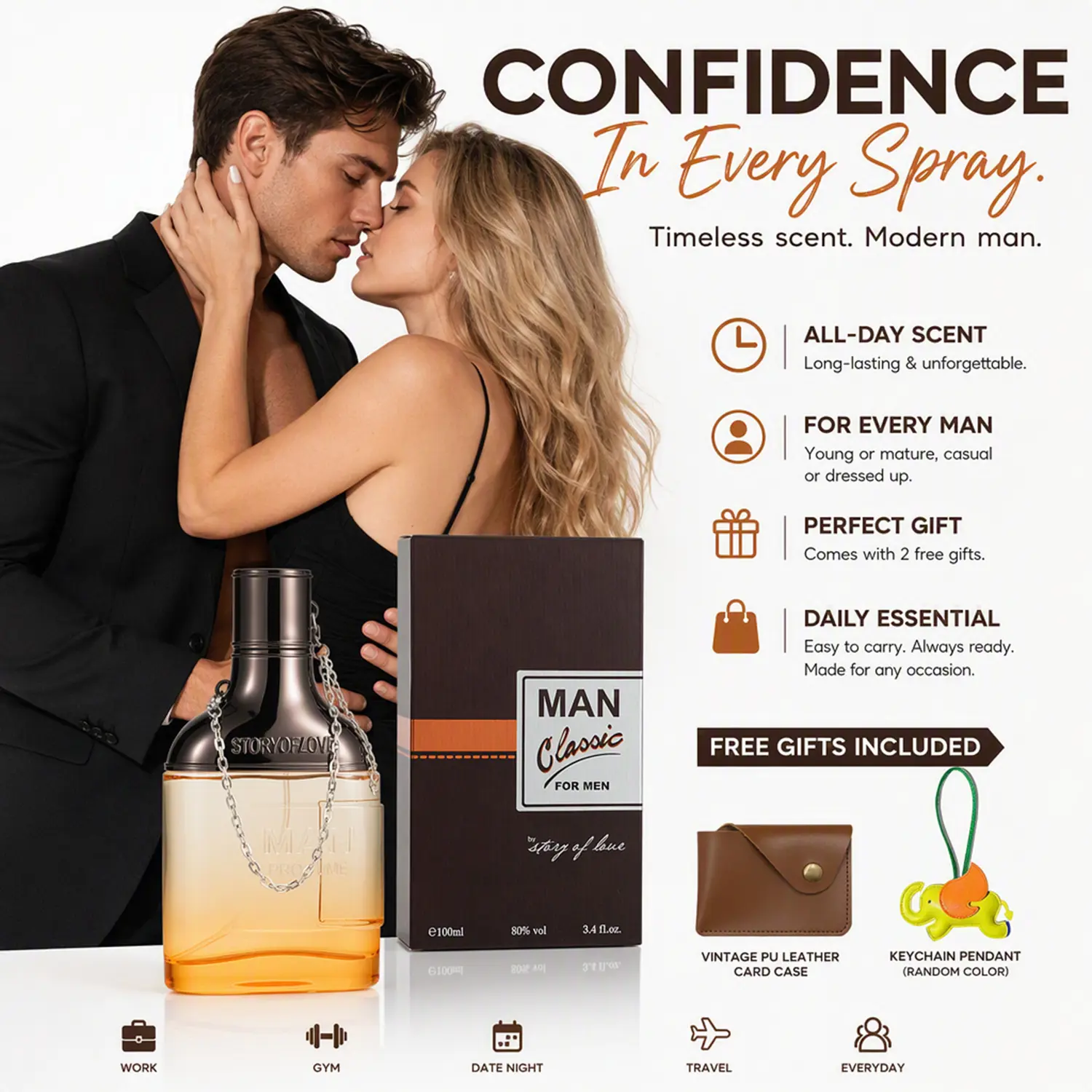 Men's Pheromone Cologne, with pheromone formula, long-lasting bold cedar & fruity scent, designed for him to make her crave you and share a wild passionate night. Perfect for Christmas & Birthday. Comes with leather card holder & keychain. 100ml/3.4fl.oz.