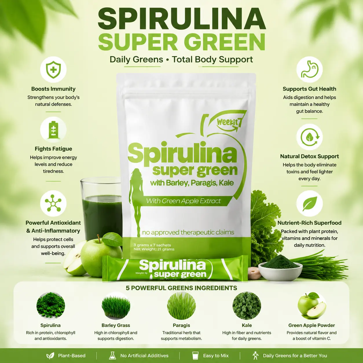 Weekit7  Feel Fresh from Within  |Spirulina Super Green Powder |Support Healthy Digestion & Gut Wellness with Spirulina, Paragis, Kale, Barley Grass & Green Apple Extract