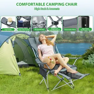 Camping Lounge Chair with Detachable Footrest, Portable Folding Reclining Camping Chair with Adjustable backrest for Indoor and Outdoor Beach Hiking Fishing, Green+black hawaiian chair chaise   Armchair adult size