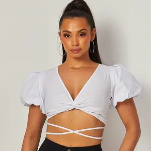 Y2K Super Crop Puff Sleeve Twist Top Lace Up Women's Black Short Babydoll