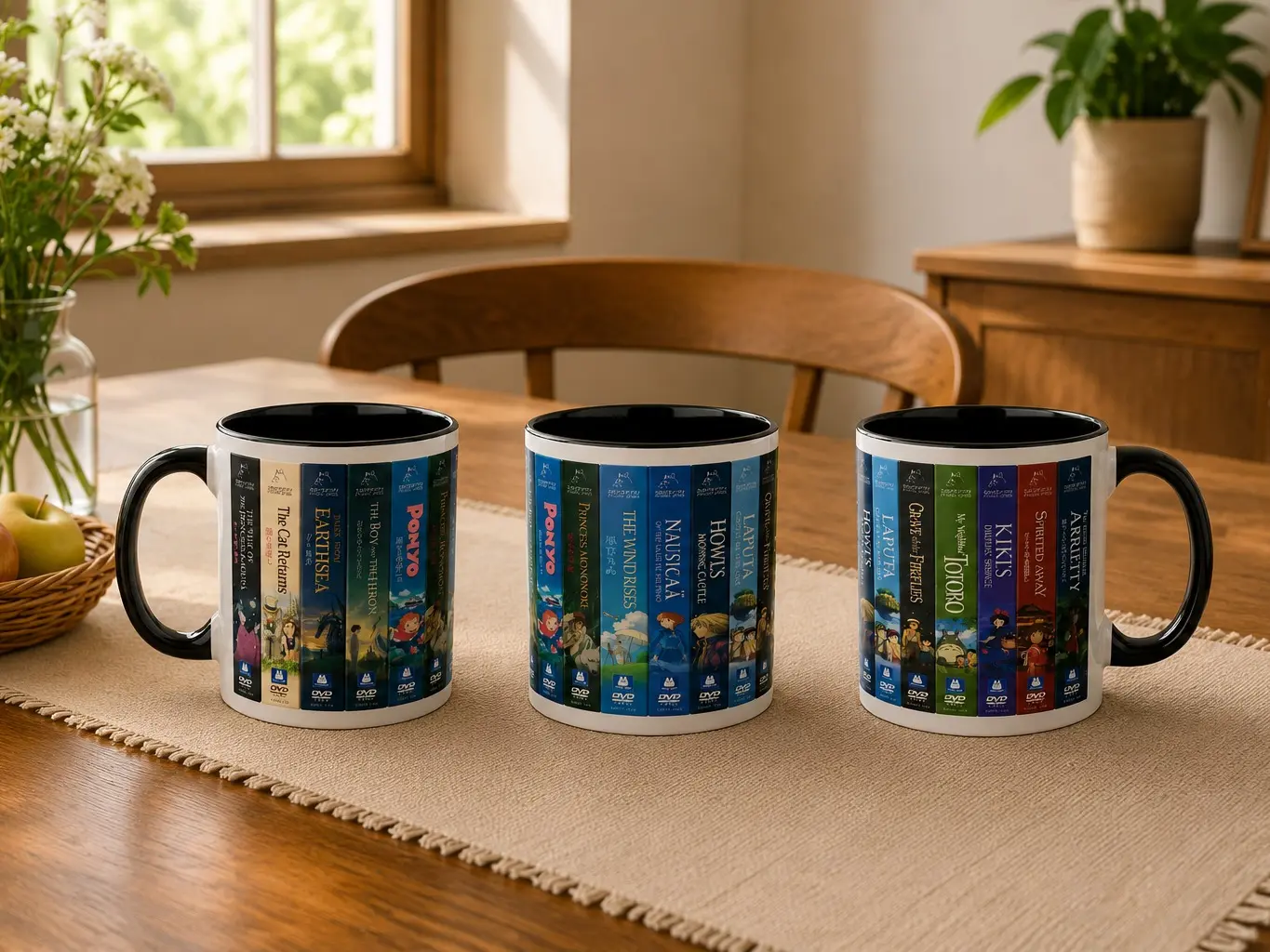 15 oz Classic Studio Ghibli Anime Full White Ceramic Coffee Mug - DVD Spine Stack Design with Spirited Away, Totoro, Howl's Moving Castle, Ponyo - Collectible Gift for Hayao Miyazaki Fans, Full White Mug, Collectibles, Glossy, Morning Coffee