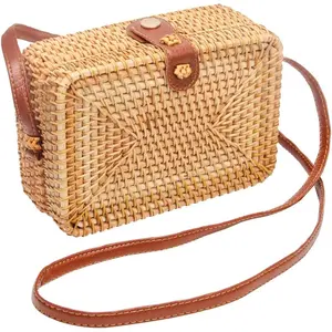 Wicker Round Square Crossbody Rattan Bag, Women Boho Bag Clutch Woven Handbag