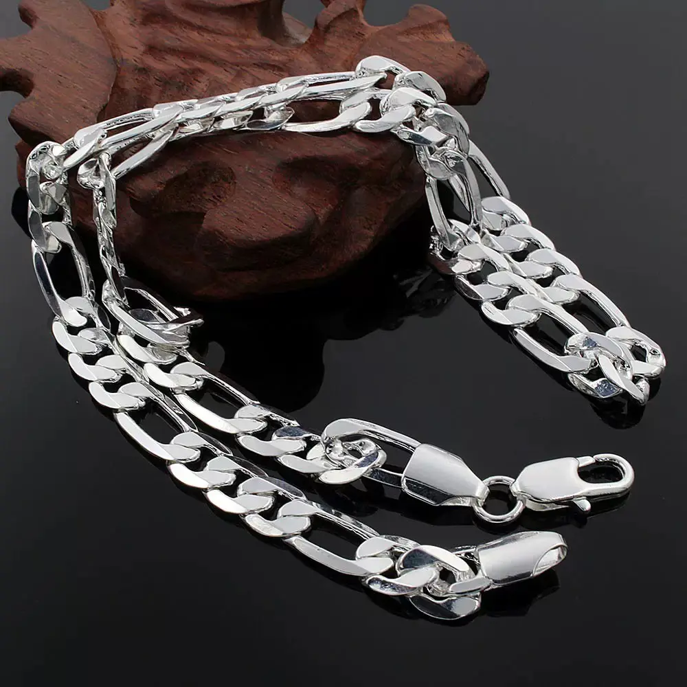 Chain Flat figaro 8mm  in 24 inches For him 925 Silver Plated Real No Tarnish