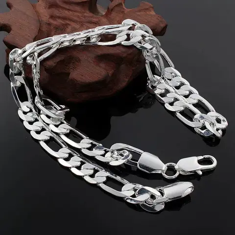 Male Adults' 925 Silver Plated 8mm Thick Flat Figaro Chain - 22in/24in Lengths, No-Tarnish Casual Style Minimalist Versatile Collarbone Chain, Unisex Daily Wear Silver Jewelry Accessory