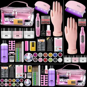 Nail Kit for Beginners with Everything: Practice Hand Acrylic Nail Set Professional Powder Drill Liquid Starter Kits with U V Lamp in Cosmetic Gift Bag for Women Salon Home (Pink)