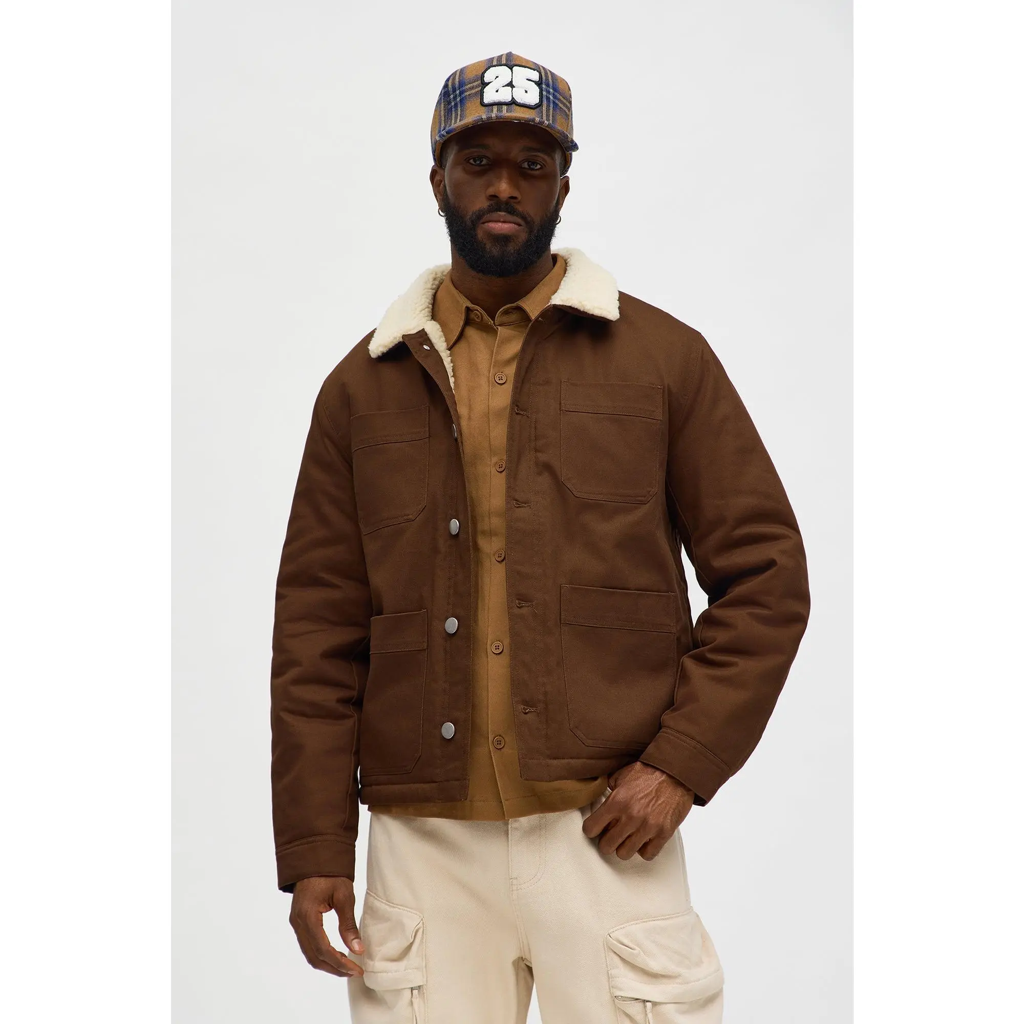 Rugged Sherpa Lined Utility Pocket Chore Jacket - Brown