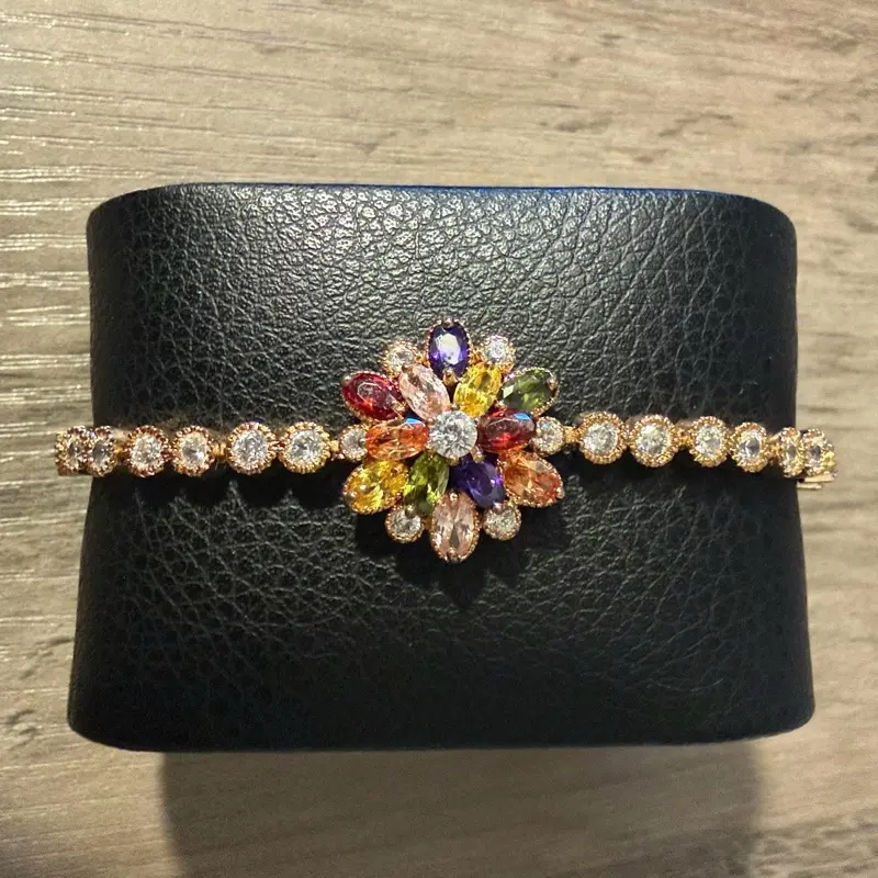 Flower Plate Charm Bracelet Flower Charm Bracelet W/ Colorful Gemstones Crystals