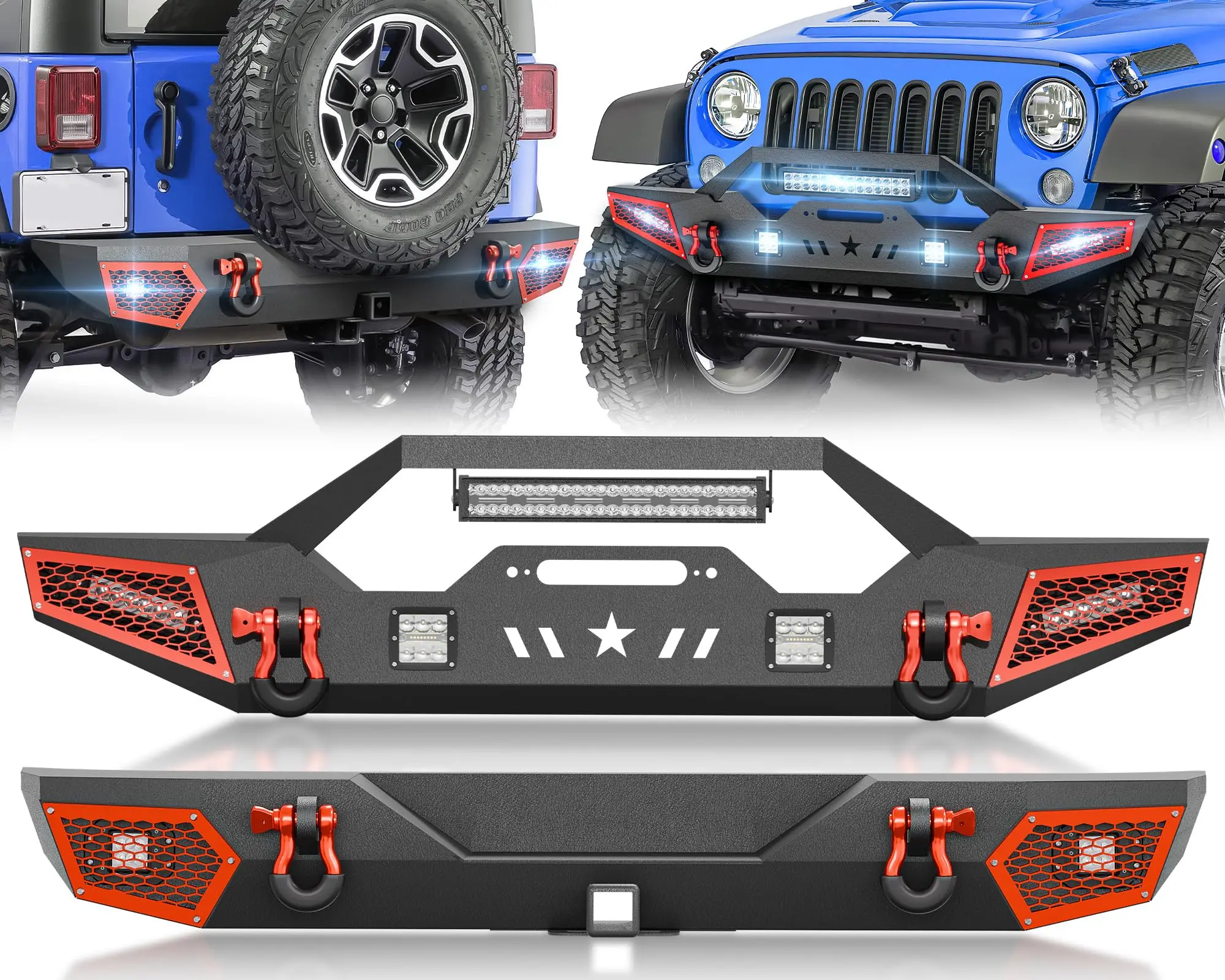 【EYOUHZ】Front and Rear Bumpers Compatible with 2007-2018 Jeep Wrangler JK JKU Unlimited 2/4 Doors with Winch Plate, 7 x LED Lights, 2" Hitch Receiver, Paintable Armor & D-rings