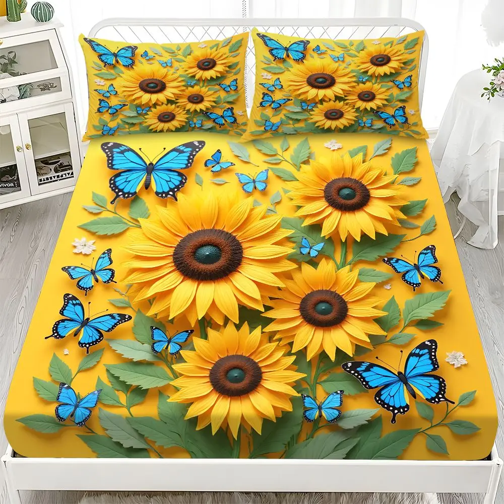 Fitted Sheet 3-Piece Set - 2D Flat Sunflower Pattern Mattress Cover (1 fitted sheet + 2 pillowcases, no insert), Decorative Bedsheet Sets, soft, and comfortable sheets, skin-friendly and breathable bedding, suitable for family bedrooms and guest rooms