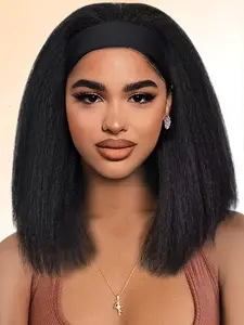Kinky Straight Headband Wig for Women Synthetic Headband Wig Long Yaki Straight Wigs with Black Headband Kinky Afro Wigs for Women for Daily Party, Christmas, Cosplay, Parties, Etc. Synthetic Hair