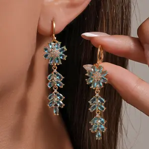 18K Gold Plated Sea Blue Topaz Flower Leaf Dangle Earrings Hypoallergenic Cubic Zirconia Elegant Chandelier Drop Jewelry Gifts for Women