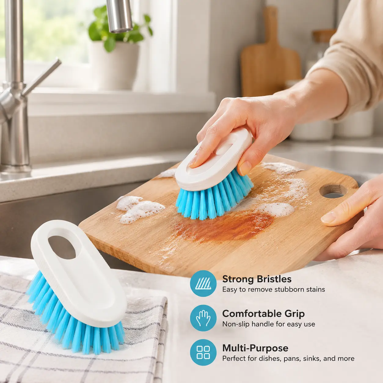 1 Piece Cleaning Brush with Non-slip Handle and Hanging Hole, Stiff Bristle for Kitchen Sink Cutting Board Household Surface Cleaning